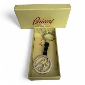 Brioni Sterling Silver Leather Key Ring Keychain with B Logo New in Box